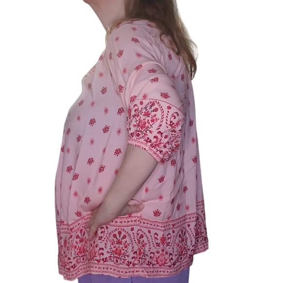 NEW WOMAN WITHIN Size 22/24 Pink Floral Tunic Top 3/4 Elastic Sleeves Boho - Picture 3 of 9